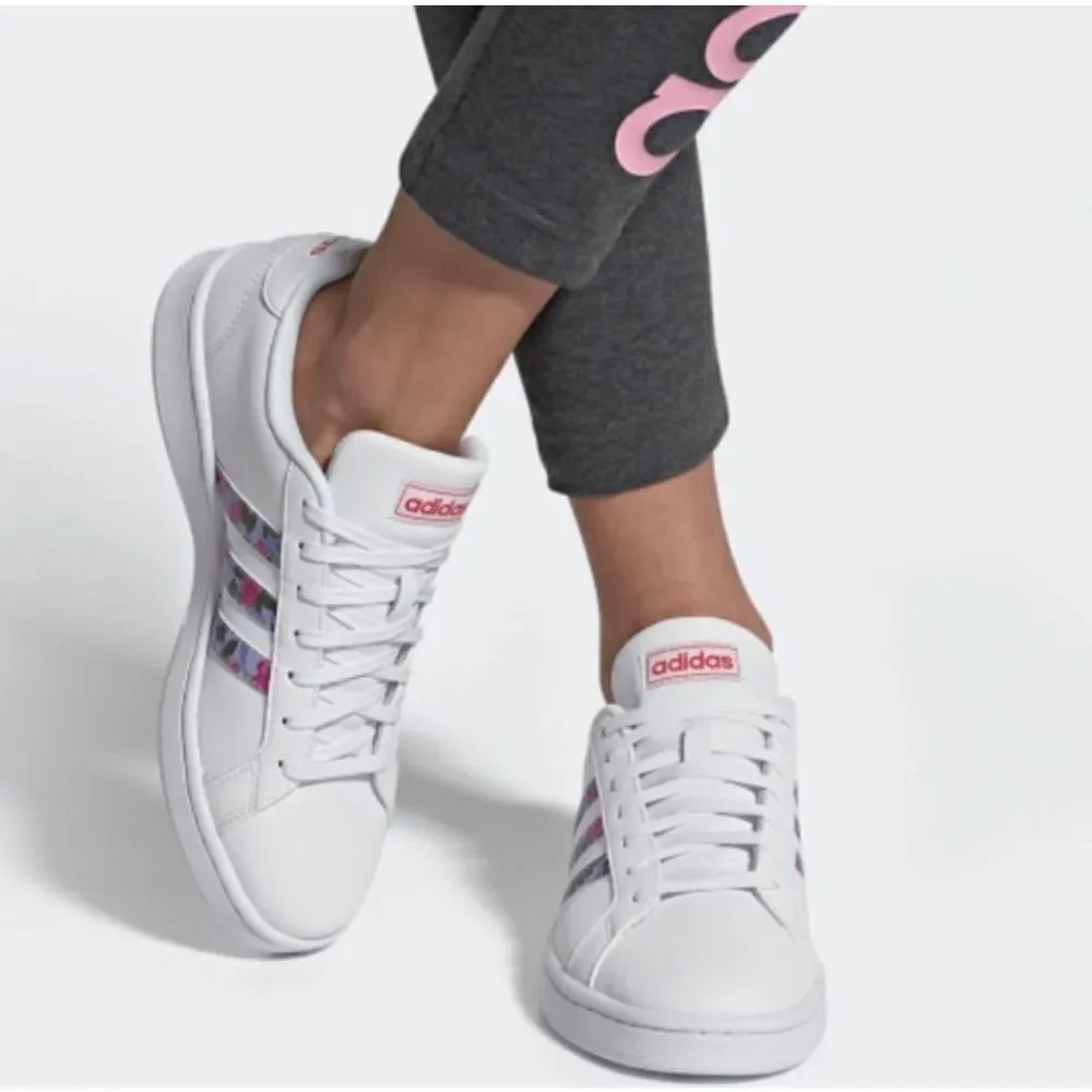 Adidas Grand Court Sneakers Womens 6.5‎ White Floral Print Low Top Tennis Shoes
